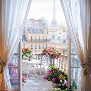 Paris Balcony View Wallpaper: Eiffel Tower, Flowers, Elegant Wall Mural