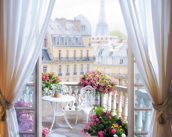 Romantic Paris Balcony  Elegant Wallpaper View of Eiffel Tower with Flowers Beautiful  Vinyl Wallpaper Modern Wall Decor Large Wall Murals