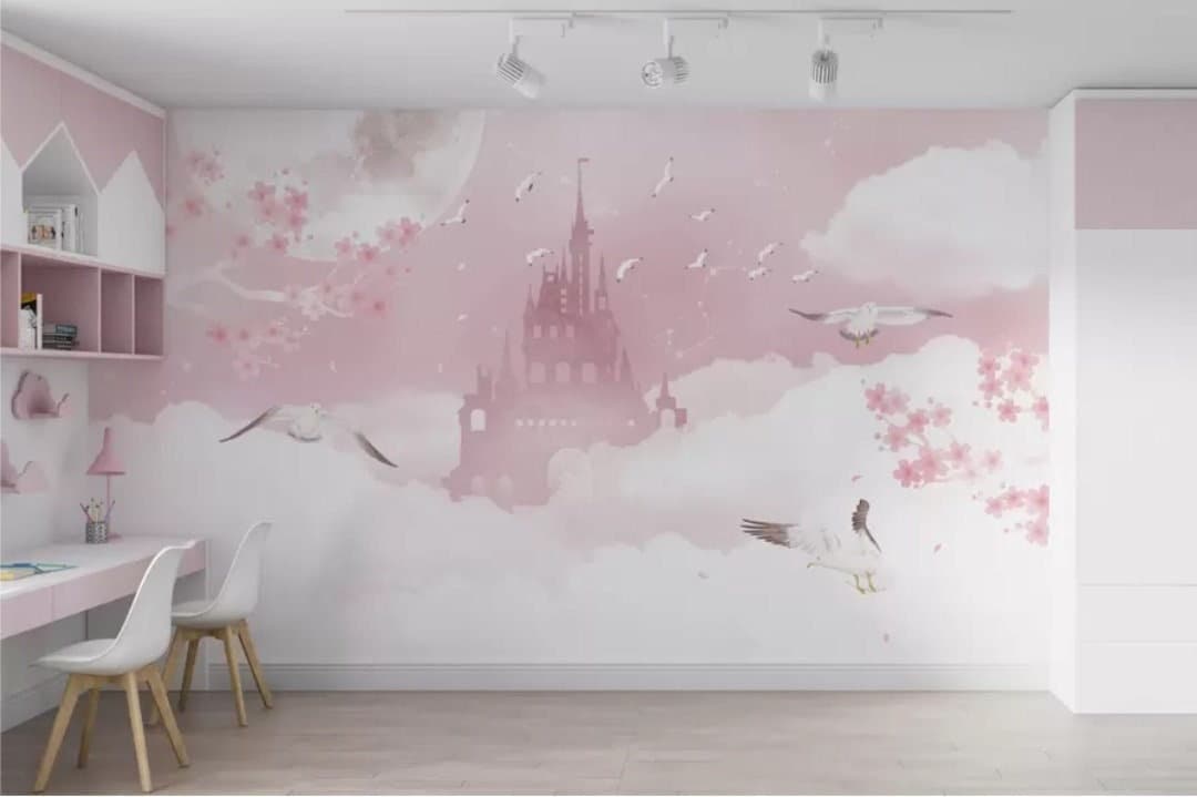 Pink Princess Castle Wallpaper Mural: Fairyland Clouds Kids Room Decor ...