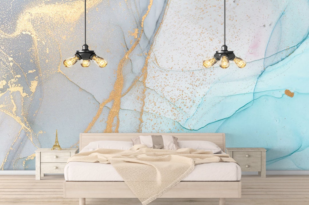 Blue With Gold Abstract Marble Wallpaper Modern Wall Decor Large Wall ...