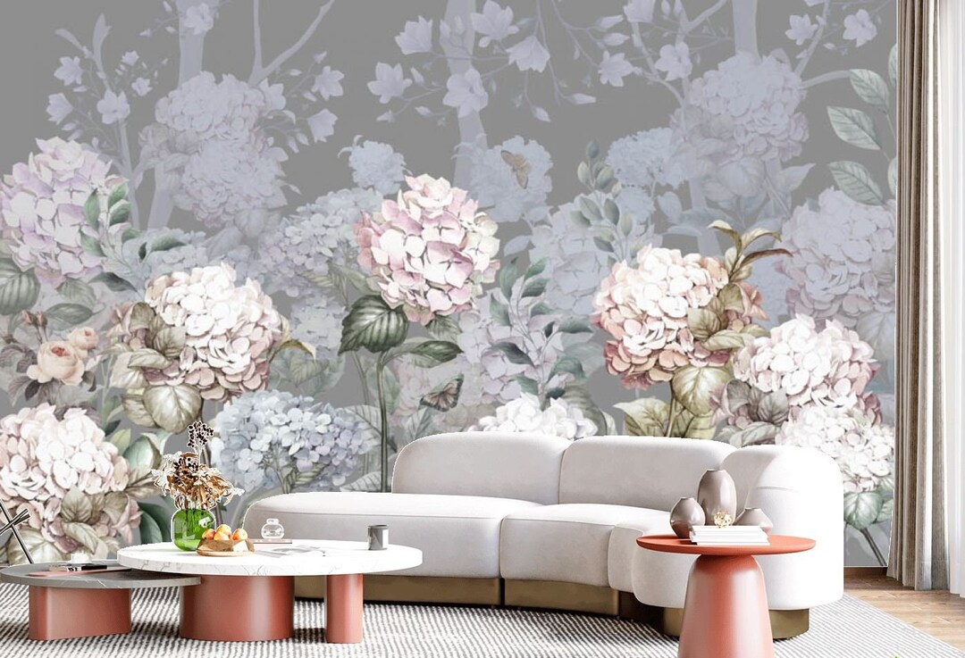 Hydrangea Flowers Wallpaper: Modern Botanical Vinyl Wall Mural - Etsy
