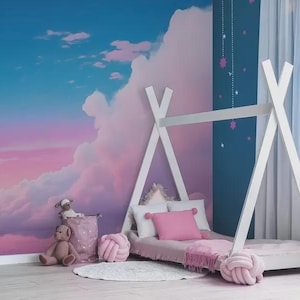 Crescent Moon Pink Cloud Wallpaper Mural: Dreamy Sky Sparkles, Pastel Nursery Decor