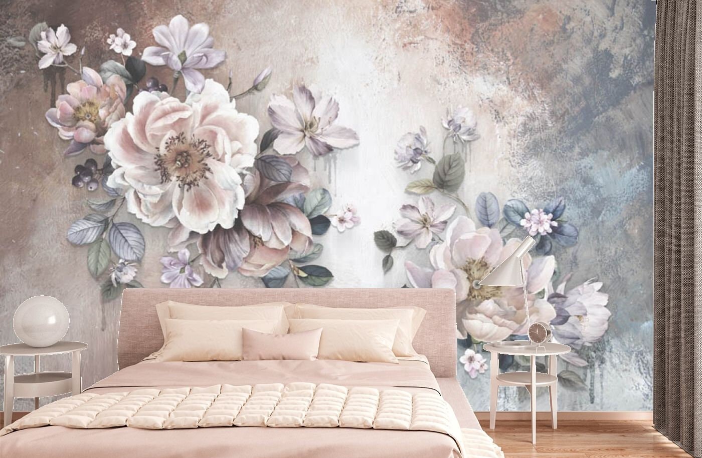 Buy Pink Blue Floral Vinyl Wallpaper: Modern Large Wall Mural
