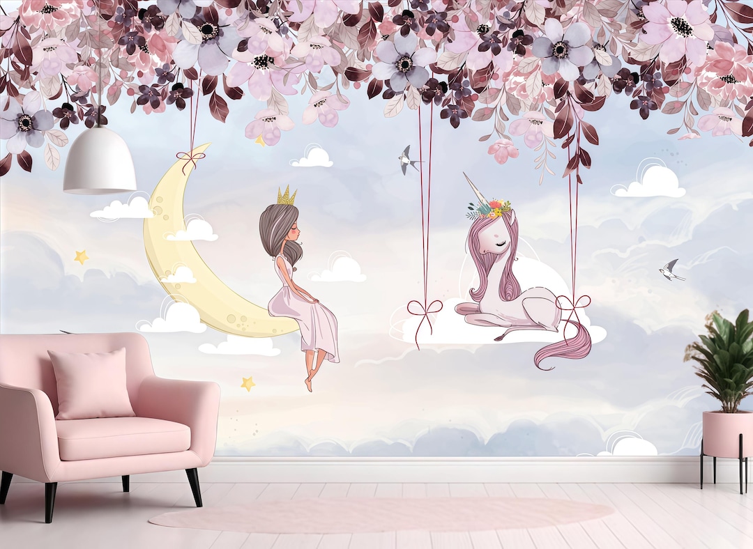 Magical Princess and Unicorn Wallpaper Mural for Girls Bedroom Pastel ...