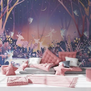 Carta da parati fantasy con simpatiche piccole fate Foresta magica Decorazione da parete per la cameretta dei bambini Notte di Natale Winter Wonderland Carta da parati fotografica con foto di fiabe scintillanti