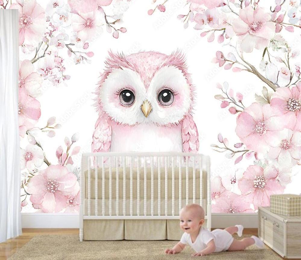 Mural de papel pintado de búho en acuarela: decoración floral rosa para  habitación infantil, image size:999x862