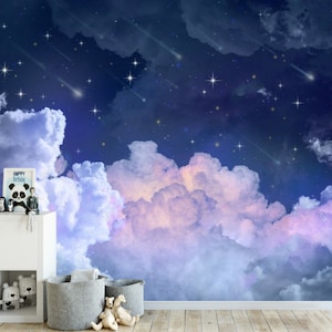 Stars Night Sky Wall Murals White Pink Clouds Photo Wallpaper Sparkle Universe Stars Kids Sticker Wall Decor Space Murals Wallpaper