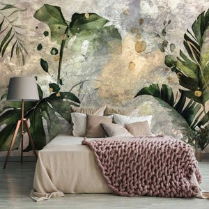 Tropische Blätter Monstera Palmen Hintergrund Tapete Grau Beton Wanddeko Moderne Wanddeko Exotische Blätter Tapete Großes Wandbild
