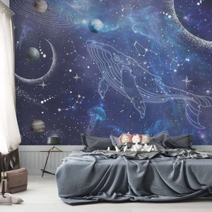 Costellazione Sogno Enorme Balena Pianeti Carta da parati per bambini Decorazione moderna della parete Spazio Vinile Carta da parati fotografica Cielo stellato di qualità premium Grandi murales