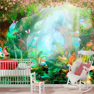 Papier peint pour enfants Forêt de conte de fées pour chambre d'enfant Forêt magique, Grandes peintures murales, Papier peint photo Grand arbre magique, forêt verte, non toxique