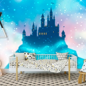 Night Castle Blue Pink Kids Wallpaper Nursery Room Decor Exclusive Design Vinyl Photo Wallpaper Princesses Castle Wall Murals