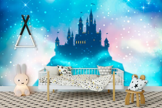 Night Castle Blue Pink Kids Wallpaper Nursery Room Decor - Princess Castle Wall Mural Night Castle Blue Pink Kids Wallpaper Nursery Room Decor - Princess Castle Wall Mural