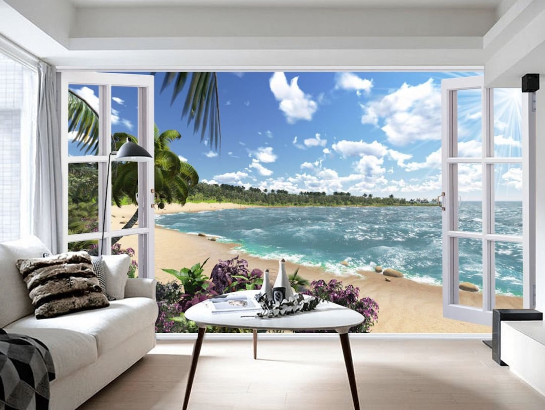 Window Mural 3D Window View: Palms & Island Beach Vinyl Wallpaper Mural - Etsy