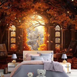 Fantasy Library Autumn Leaves Wallpaper: 3D Kids Nursery Wall Mural