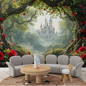 Carta da parati fotografica moderna con decorazioni per pareti, castello misterioso e fatato, per la camera dei bambini, foresta incantata con rose scarlatte