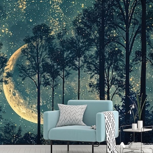 Fantastica notte nella foresta Carta da parati con luna grande per camera da letto Camera dei bambini Carta da parati magica della foresta oscura Decorazione murale moderna Grande murale da parete