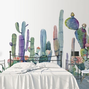 Tropical Acquerello Cactus Multicolor Camera dei bambini Carta da parati moderna Decorazione murale Nursery Grandi murales Fiori tropicali