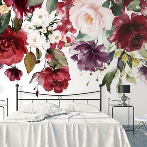 Huge Watercolor Flowers Buds Wallpaper Modern Wall Decor Florals Purple Red Pink Peonies Roses Vinyl Photo Wallpaper Large Wall Mural