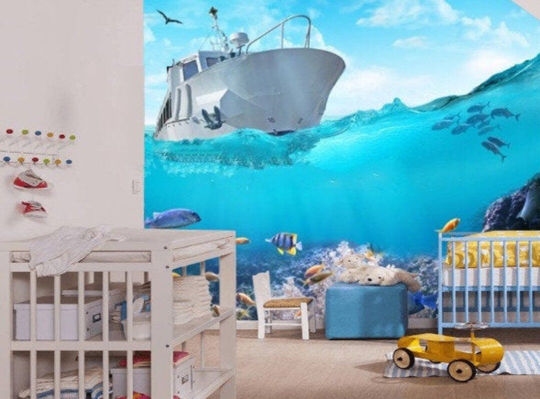 3D Underwater World Kids Wallpaper Fishing Boat Sea Fishes Nursery Wall ...