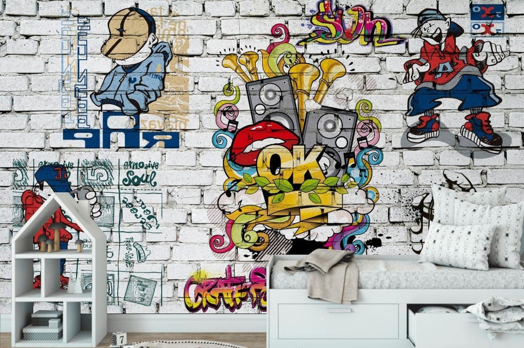 ストリートアート 子供とおもちゃの絵画 グラフィティレンガ壁画：子供部屋のストリートアート壁紙 - Etsy 日本