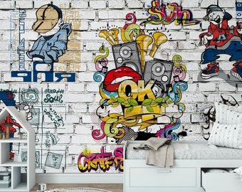 グラフィティレンガ壁画：子供部屋のストリートアート壁紙 - Etsy 日本