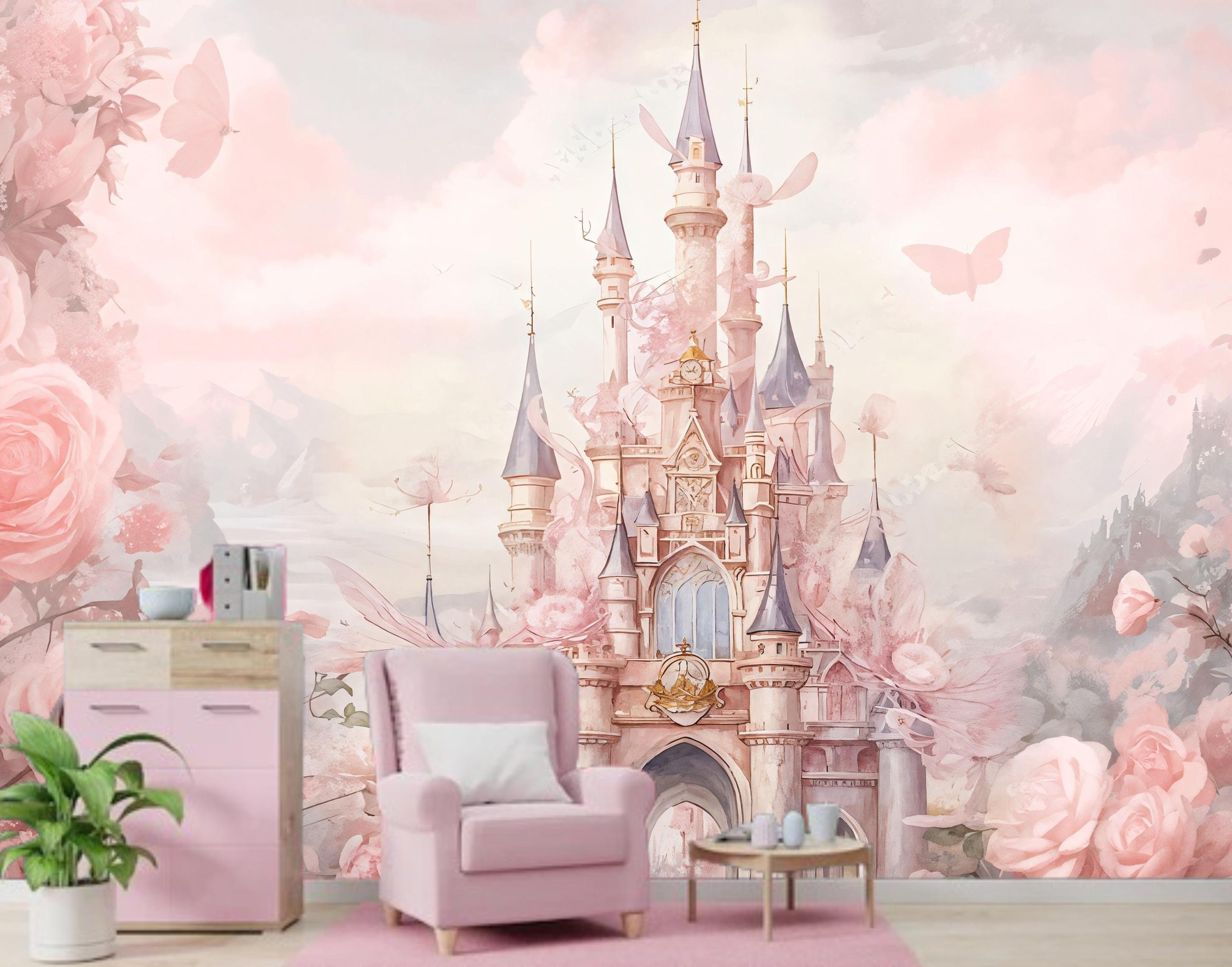プリンセスキャッスルの子供部屋用壁紙：ピンクのバラの童話風壁画 