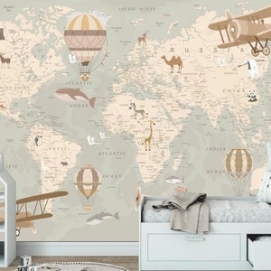 Mappa del mondo con animali Carta da parati fotografica per bambini in vinile Decorazione da parete per la scuola materna Grandi murales in vinile Ecowallpaper