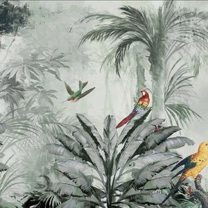 Foglie tropicali Palme Pappagalli luminosi Carta da parati fotografica Decorazione murale moderna Carta da parati esotica di grandi dimensioni Carta da parati in vinile della foresta della giungla