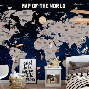 Carte du monde Fond d’écran Ciel étoilé Enfants Papier peint Chambre de bébé moderne Décor mural Animaux Avion Photo Papier peint Grand mur Murales Vinyle