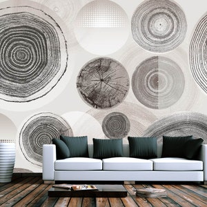 Abstract Wood Slice Vinyl Wallpaper: Geometric Gray Wall Mural