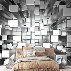Carta da parati 3D Silver Squares Modern Wall Decor 3D Grandi murales da parete Carta da parati fotografica astratta Carta da parati 3D grigia Personalizzazione