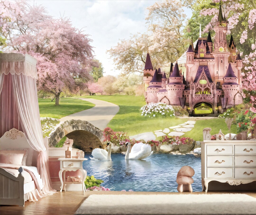 Custom Princess Castle Wallpaper Fairy Tale Mural for Girls' Room, Pink ...