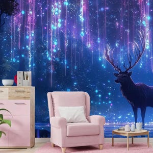 Notte magica nella foresta con cervi e luci luminose Carta da parati Decorazione da parete per cameretta dei bambini Carta da parati magica per bambini Grandi murales da parete Fantasy