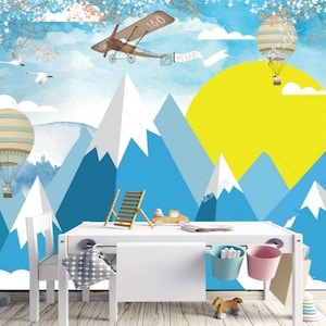Blue Mountains Air Balloons Aerei Wallpaper esclusivo Design Bambino Muro Murals Vivaio Foto Carta Da parati Bambini Parete Decor