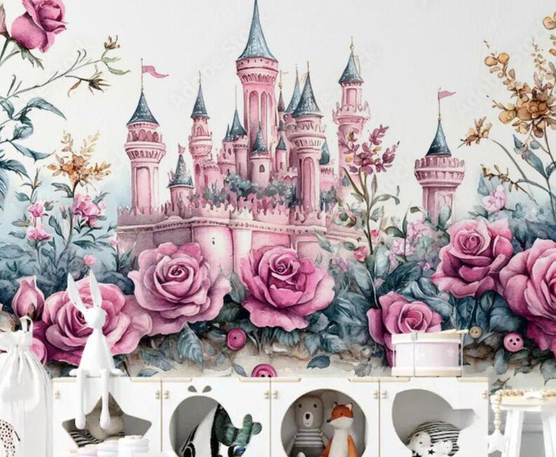Turret And Roses Pink Princess Castle Wallpaper: Floral Girls' Room Mural - Etsy