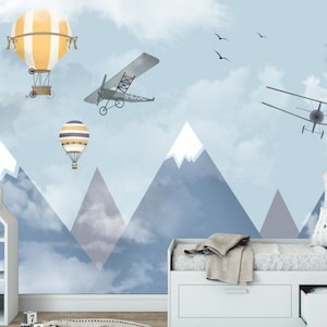 Blue Mountains Wallpaper: Hot Air Balloons, Aircraft, Kids Nursery Mural