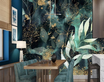 Gold Leaves Floral Wall Mural: Modern Tropical Decor