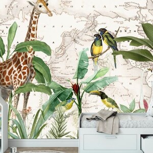 Safari Giraffe Vögel Tropische Pflanzen Kinder Weltkarte Tapete Moderne Wand Dekor Tropisches Kinderzimmer Vinyl Fototapete große Wand wandbilder