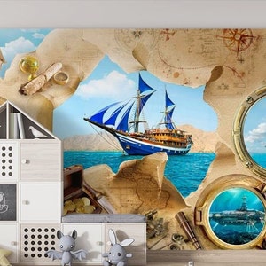 Carte de pirate voyageur, chambre d'enfant, papier peint de bébé garçon, carte de pirate, papier peint pour enfants, décoration murale moderne, bateau de pirate, papier peint photo premium