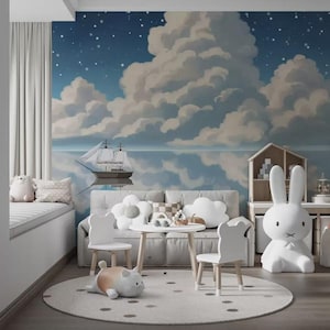 May include: A child's bedroom with a mural depicting a sailboat on water beneath a cloudy sky. The room includes a white sofa, a small table and chairs, a round rug, and a large white rabbit statue.