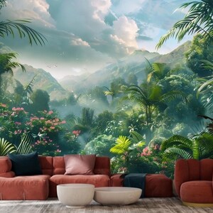 Murales de pared tropicales Plantas de la jungla verde Nieblas Bosque Flores exóticas Mañana brumosa en la jungla Papel tapiz personalizado Decoración de pared moderna Premium