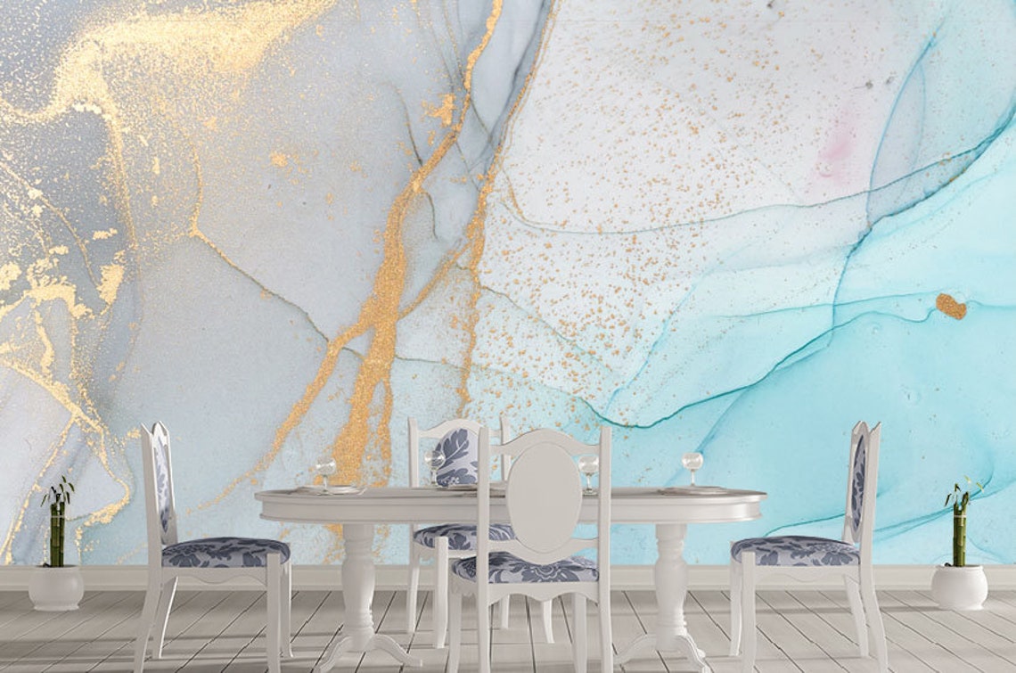 Blue With Gold Abstract Marble Wallpaper Modern Wall Decor - Etsy