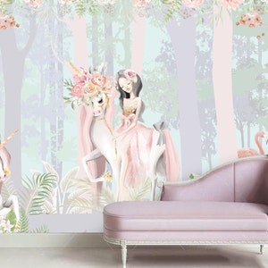 Märchenhafter rosa Wald mit Einhorn, Flamingo und Prinzessinnen-Tapete, Raum für Prinzessinnen, moderne Wanddekoration, Aquarell-Blumen-Fototapete