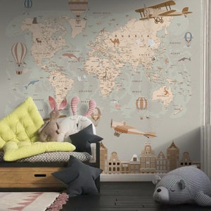 Mappa del mondo con animali e case vintage Carta da parati fotografica per bambini in vinile Decorazione da parete per la scuola materna Grandi murales in vinile Ecowallpaper
