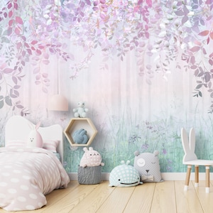 Foresta nebbiosa magica Fiori di prato viola Carta da parati per la cameretta dei bambini Decorazione da parete per bambina Foglie appese Carta da parati fotografica in colori pastello
