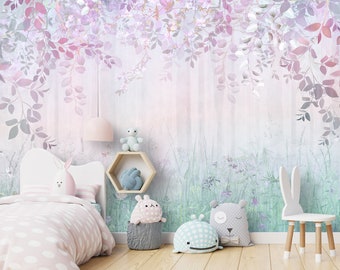 Magic Misty Forest Purple Meadow Flowers Nursery Wallpaper Baby Girl Wall Decor Hanging Leaves Pastel Color Photo Wallpaper