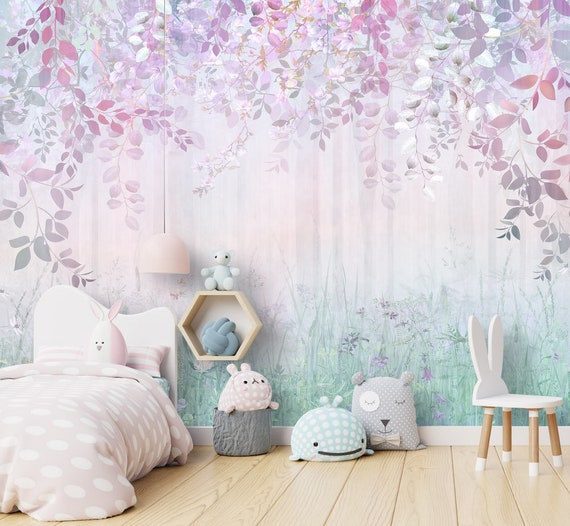 Magische Wald Lila Wiese Blumen Kinderzimmer Tapete Baby-Wand-Dekor  hängende Blätter Pastellfarbe Foto-Tapete