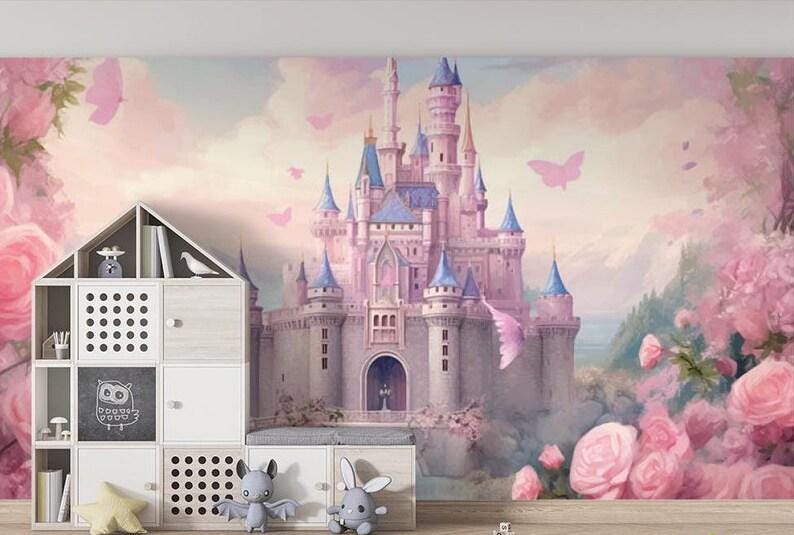 Fairy Tale Princess Castle Wallpaper Mural: Pink Roses Nursery Decor - Etsy
