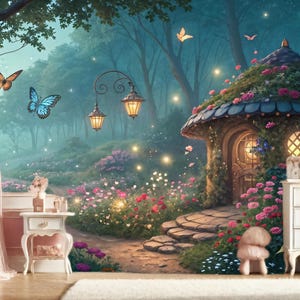 Fairy Tale Wallpaper Enchanted Forest with House, Fantasy Wall Mural for Kids Room, Magical Atmosphere Large Custuom Mural Girls Wall Decor