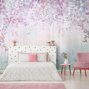 Foresta nebbiosa magica Fiori di prato viola Carta da parati per la cameretta dei bambini Decorazione da parete per bambina Foglie appese Carta da parati fotografica in colori pastello